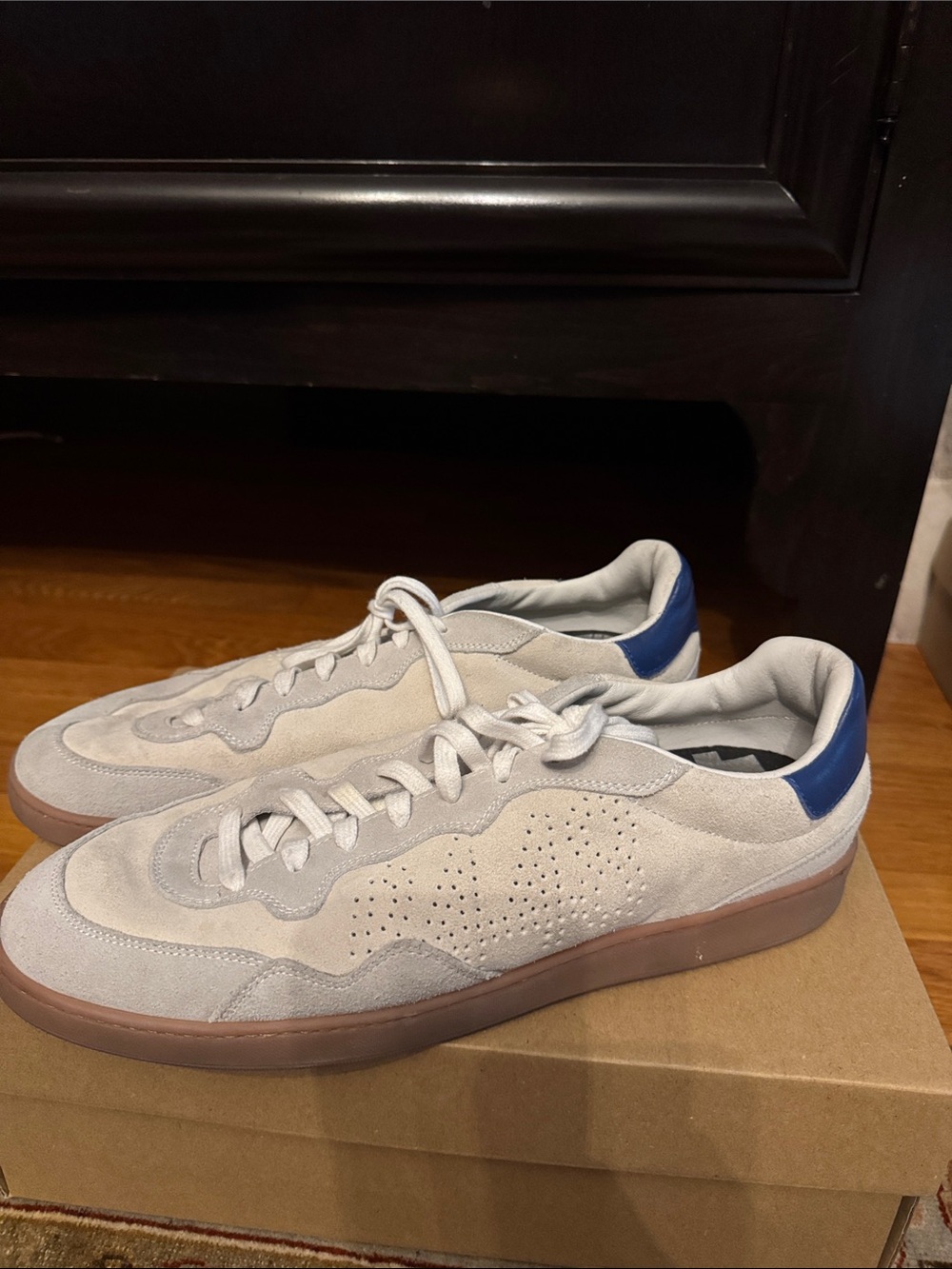 P448 Men's Light Gray Suede Sneakers with Blue Heel Tab
